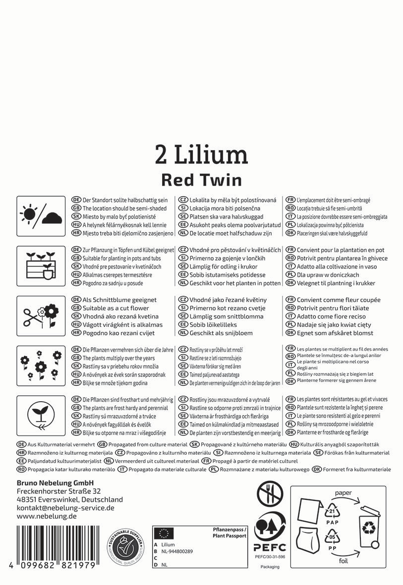 Anleitungstext, Pflanze, Symbole für Pflegehinweise, Kontaktangaben, Barcodes, Recycling- und Verpackungssymbole