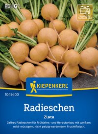 Gelbe Radieschen mit grünen Stängeln auf einer Packung, Text und Logo im unteren Bereich.