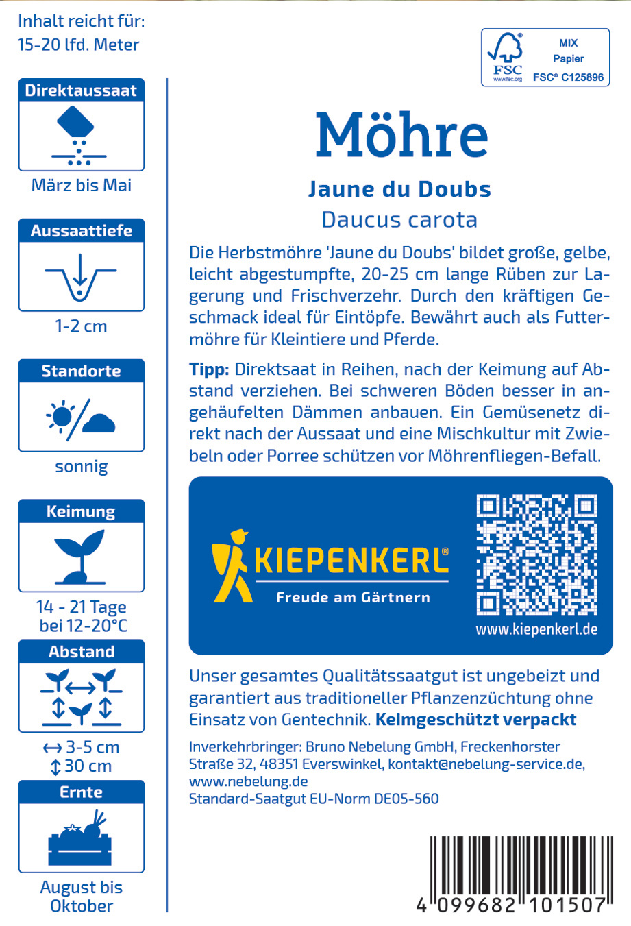 Gelbe, zart duftende Möhre, 20-25 cm, für Frischverzehr, Eintöpfe und Futter geeignet, Juli bis Oktober.