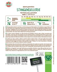 Pflanze mit langen, dünnen Stielen, kleine Samen, Anzuchtinformationen in mehreren Sprachen, Barcode und QR-Code.
