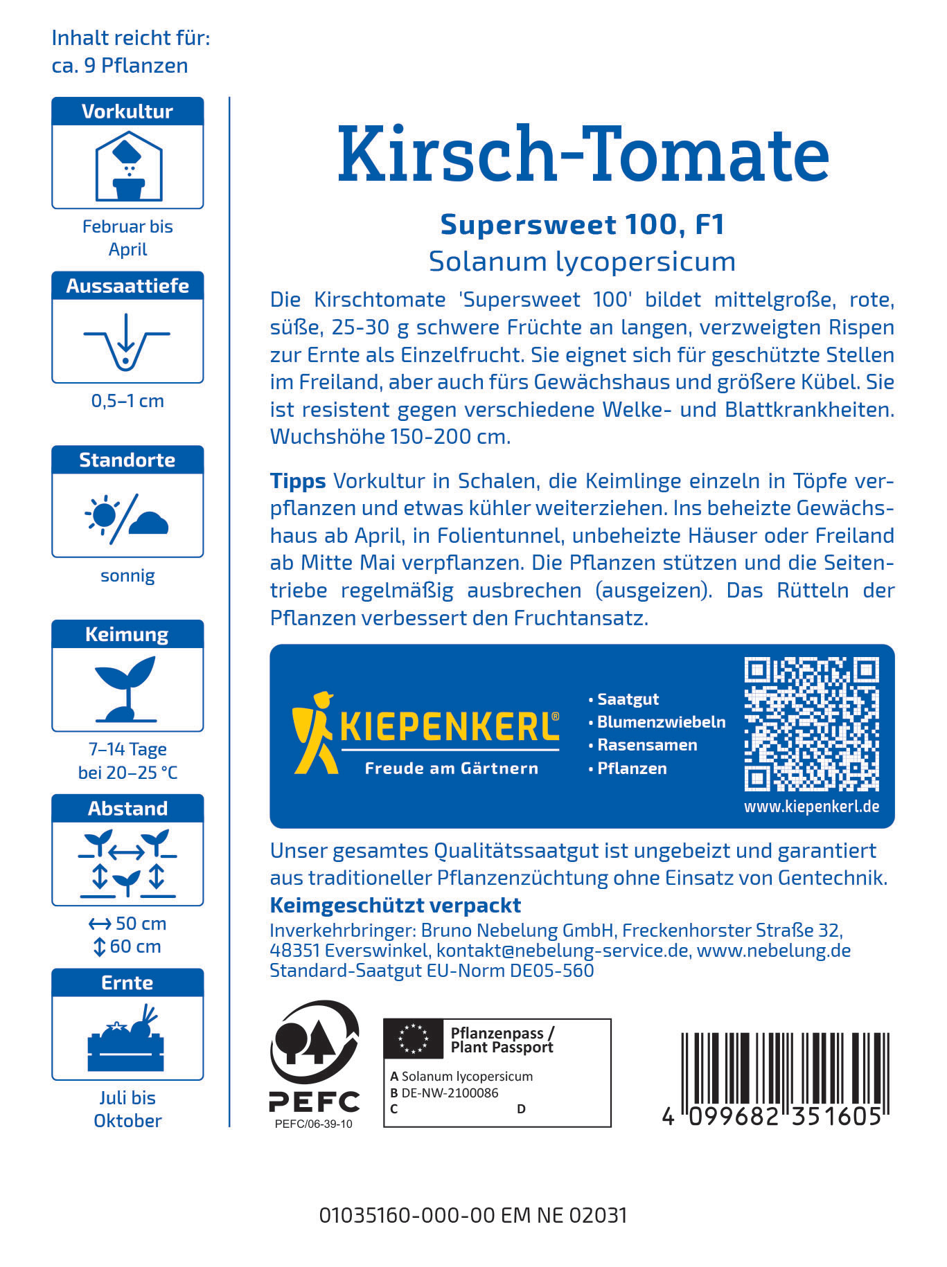 Packungsrückseite mit Beschreibung, Anbaumerkungen, QR-Code, Logo, Barcodes und Kontaktinformationen.