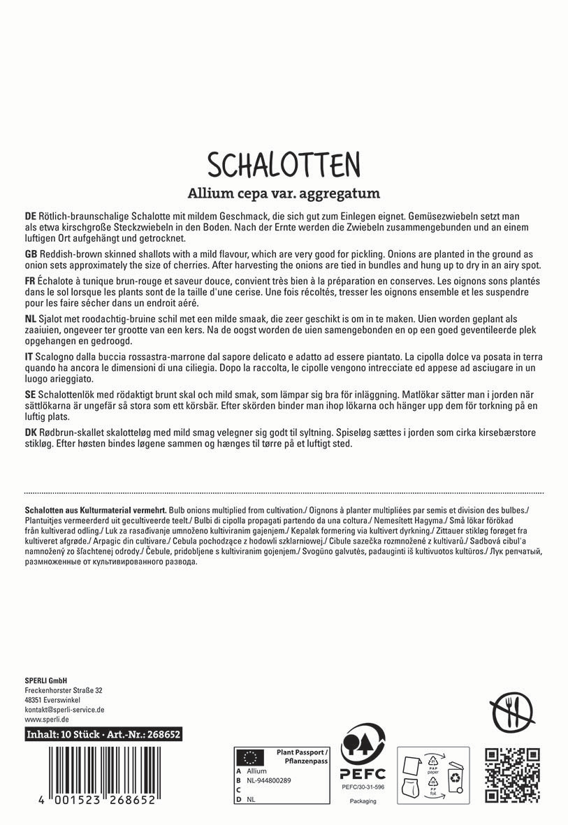 Schalotten aus Kulturmaterial vermehrt, in mehreren Sprachen beschrieben, mit Standort, Produktinformationen und Logos.