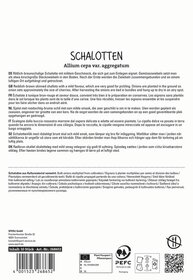 Schalotten aus Kulturmaterial vermehrt, in mehreren Sprachen beschrieben, mit Standort, Produktinformationen und Logos.