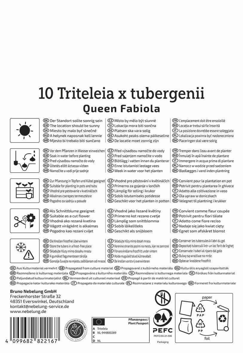 Text with planting instructions, symbols, and contact information in multiple languages, with recycling and packaging icons.