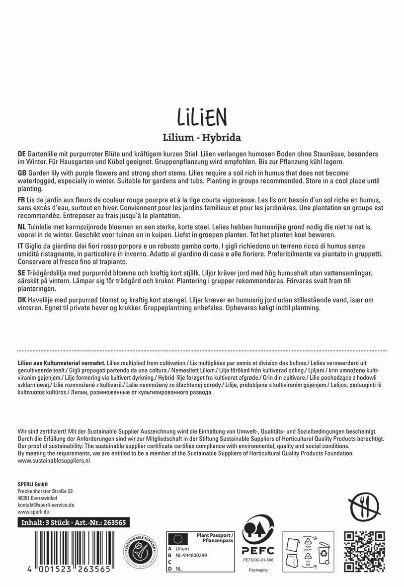 Text auf der Verpackungstüte mit Produktbeschreibung und Informationen in mehreren Sprachen.