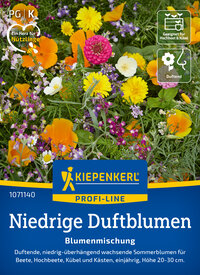 Bunte Blütenmischung für niedrig wachsende Sommerblumen zum Schnitt und in Kübeln, 20-30 cm hoch, duftend.