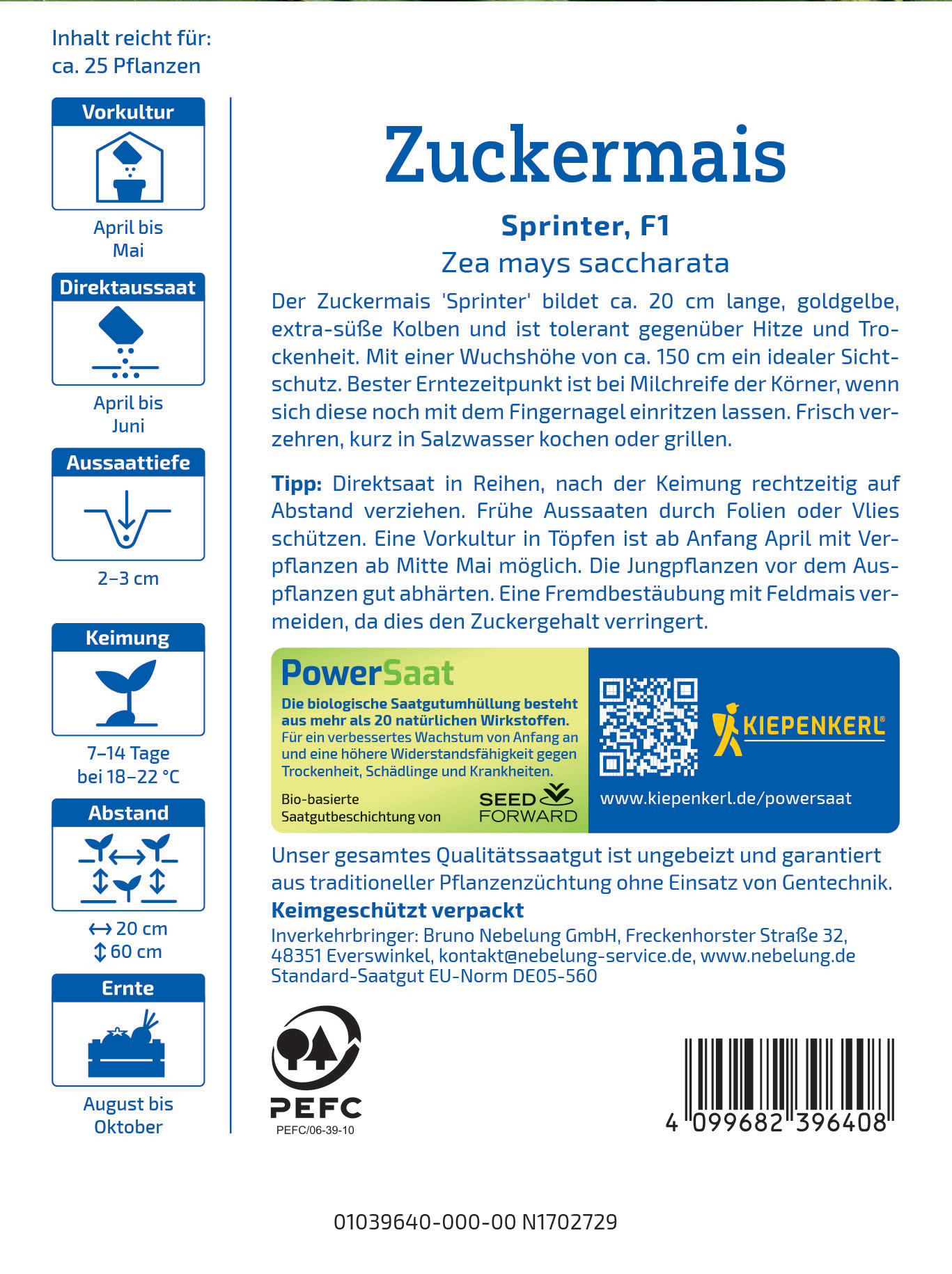 Etikett mit Informationen zu Zuckermais, Anbauhinweisen, Pflanzenschutz, Abstand, Erntezeit und einem QR-Code.