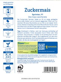 Etikett mit Informationen zu Zuckermais, Anbauhinweisen, Pflanzenschutz, Abstand, Erntezeit und einem QR-Code.