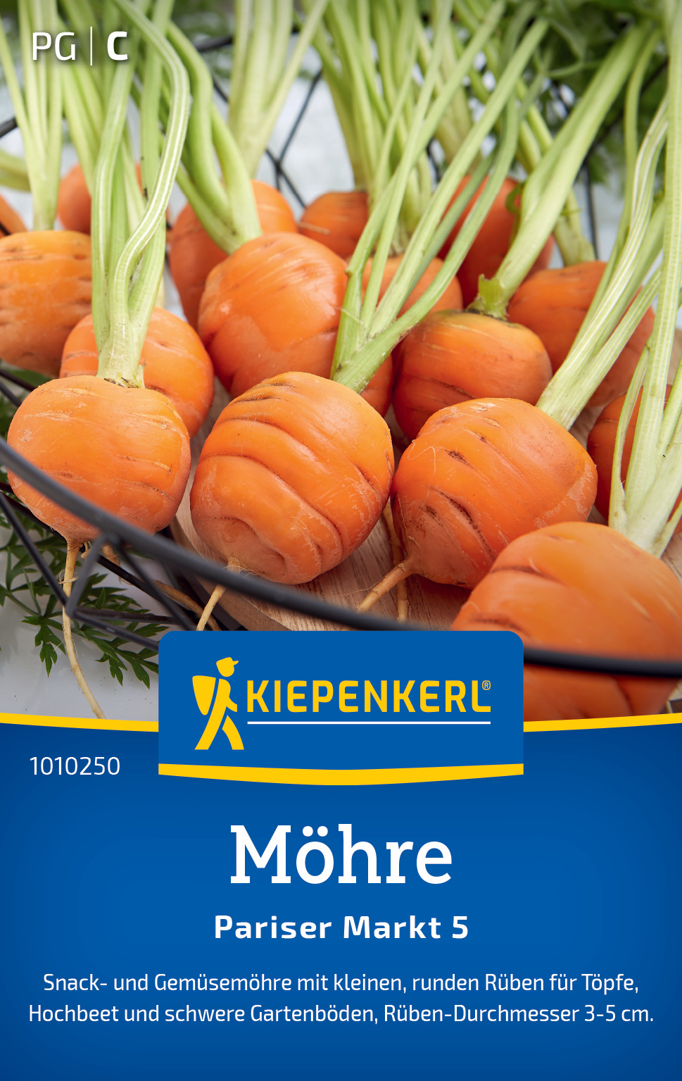 Kleine runde Möhren mit grünen Stielen, für Töpfe, Hochbeet und Gartenböden, Durchmesser 3-5 cm.