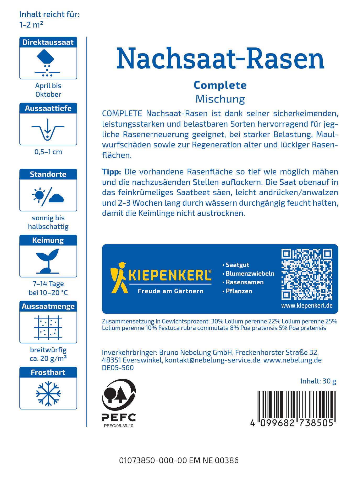 Anleitung und Produktinformationen für Nachsaat-Rasen, mit Logo, QR-Code, Barcodel, verschiedenen Symbolen und Text.