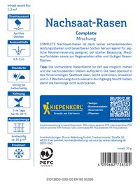 Anleitung und Produktinformationen für Nachsaat-Rasen, mit Logo, QR-Code, Barcodel, verschiedenen Symbolen und Text.
