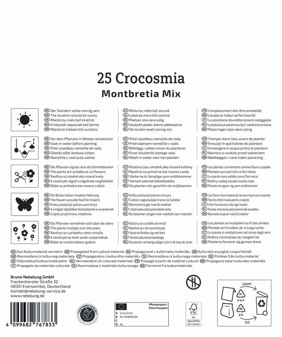 Pflanzanleitung mit Text in mehreren Sprachen, Icons für Pflegehinweise und ein Icon für Recycling.