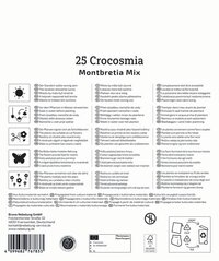Pflanzanleitung mit Text in mehreren Sprachen, Icons für Pflegehinweise und ein Icon für Recycling.