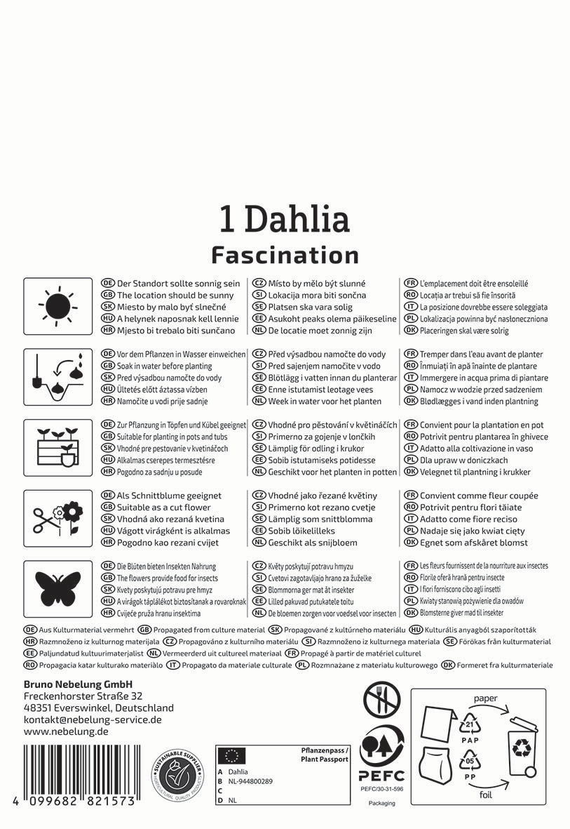 Schriftzug mit der Überschrift 1 Dahlia und der Beschreibung Fascination, darunter 16 Symbole mit Anweisungen und Hinweisen.