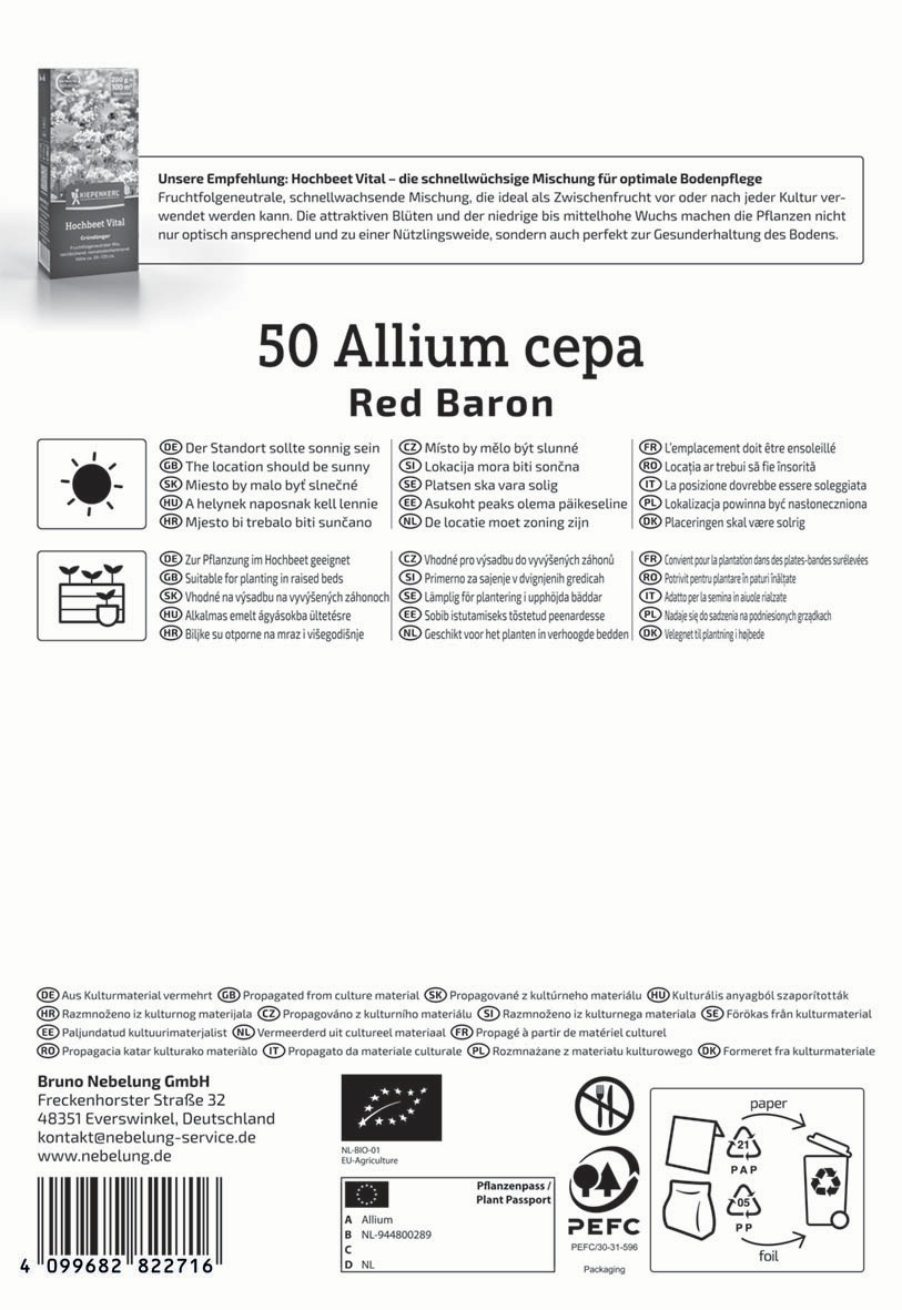 Produktverpackung für Allium cepa Red Baron mit Pflanzhinweisen in mehreren Sprachen, Logos, Adresse und Barcode.