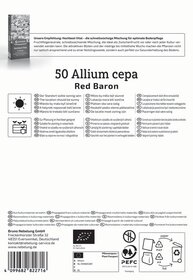 Produktverpackung für Allium cepa Red Baron mit Pflanzhinweisen in mehreren Sprachen, Logos, Adresse und Barcode.