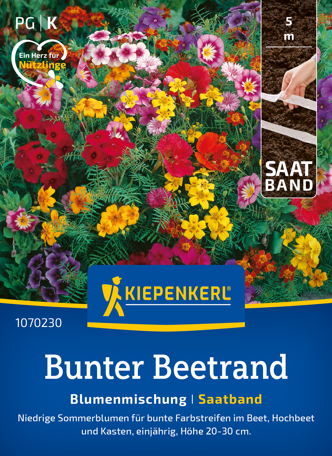 Bunter Beetrand mit bunten Sommerblumen, im Beet und Hochbeet, einjährig, Höhe 20-30 cm