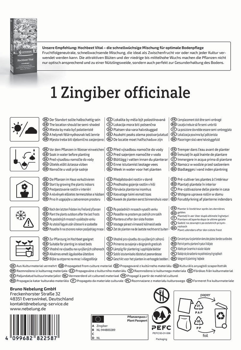 Anzuchtsaatgut in einem schwarzen Beutel mit weißem Text, verschiedene Symbole und eine Pflanzenpass-Abschnitt auf der Rückseite.