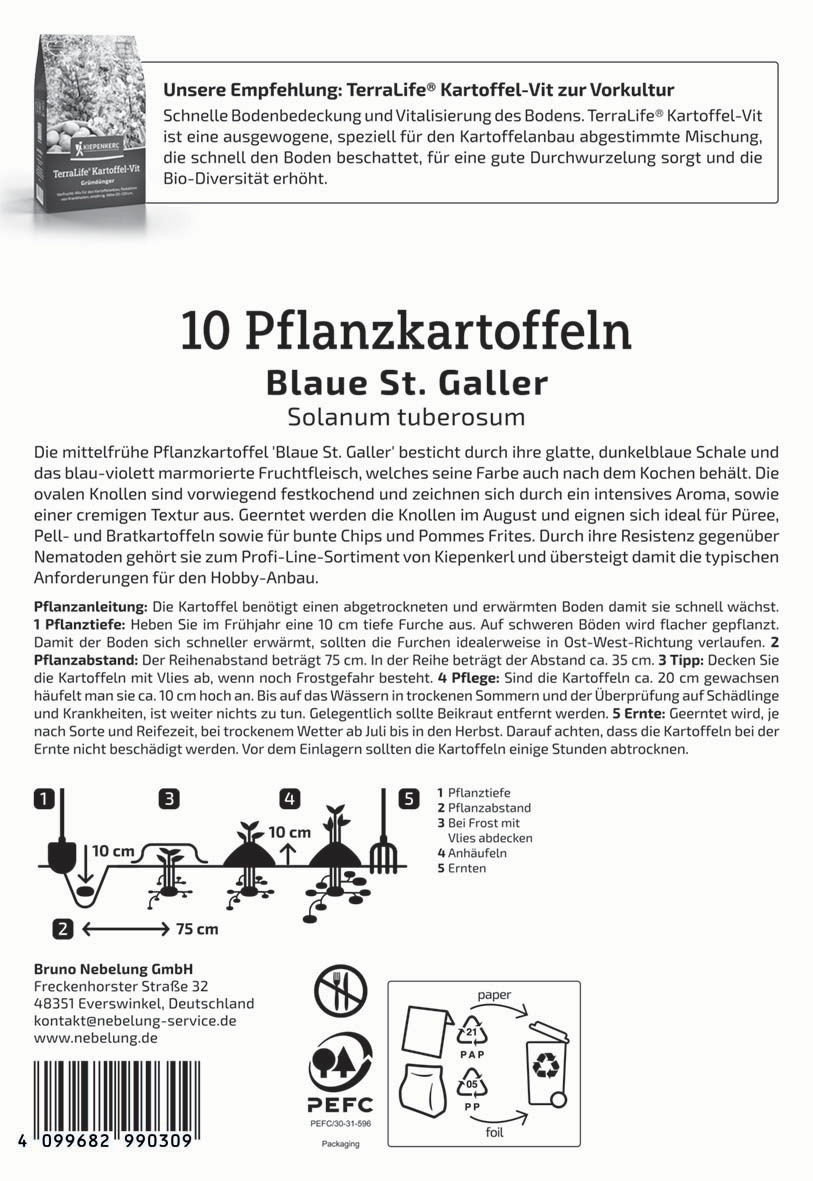 Zehn Pflanzkartoffeln Blau St. Galler Solanum tuberosum. Bild zeigt Anleitungen und Zeichnungen zur Pflanzung.
