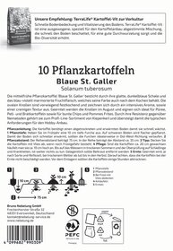Zehn Pflanzkartoffeln Blau St. Galler Solanum tuberosum. Bild zeigt Anleitungen und Zeichnungen zur Pflanzung.