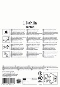 Anleitungssymbole für Pflanzenpflege und -verwendung, Text in mehreren Sprachen, Logo und Kontaktinformationen.