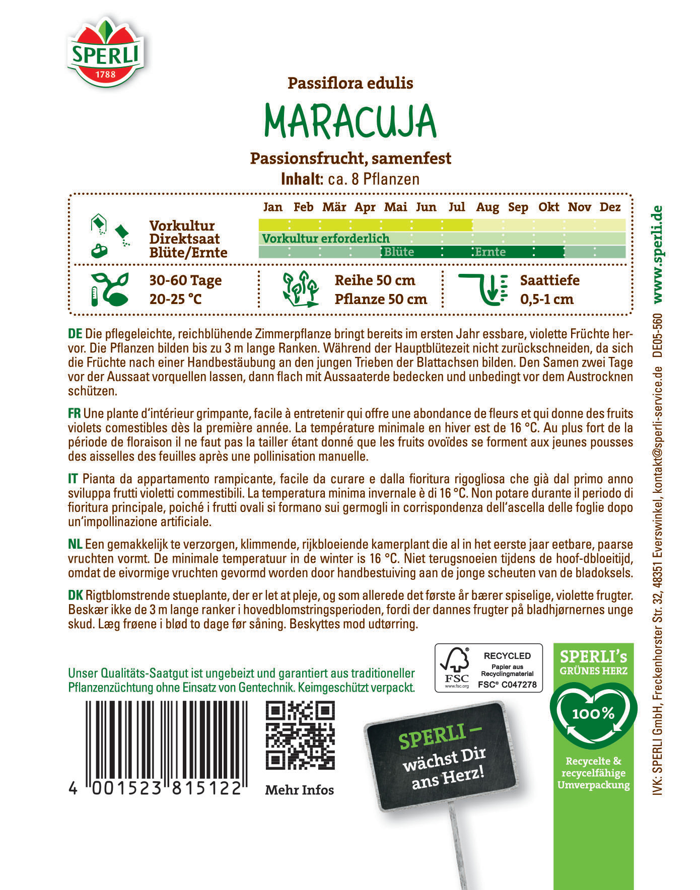 Informationen zu Anbauzeit, Wachstum, Erntezeit, Temperatur und Tipps für Passiflora edulis (Maracuja).