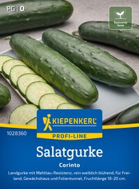 Verschiedene Gurken auf einer Platte, einige in Scheiben geschnitten, mit grüner Packungsaufschrift.