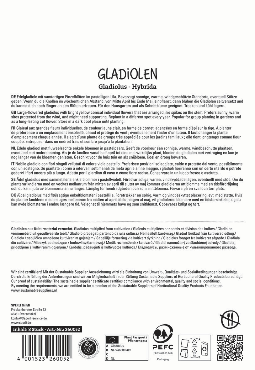 Beschreibung des Bildinhalts: Text auf einem weißen Hintergrund über Gladiolen, mit Produktinformationen, Zertifizierungen und Logos.