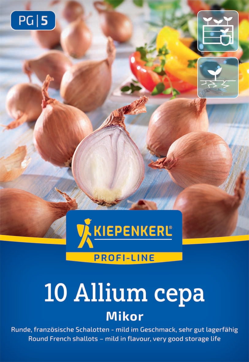 Mehrere runde französische Schalotten mit einer halben Schalotte in der Mitte und bunter Paprika im Hintergrund.