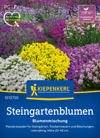 Bunte Stauden im Beet mit gelben, weißen und lila Blumen, Kiepenkerl Steingartenblumen Blumemischung.