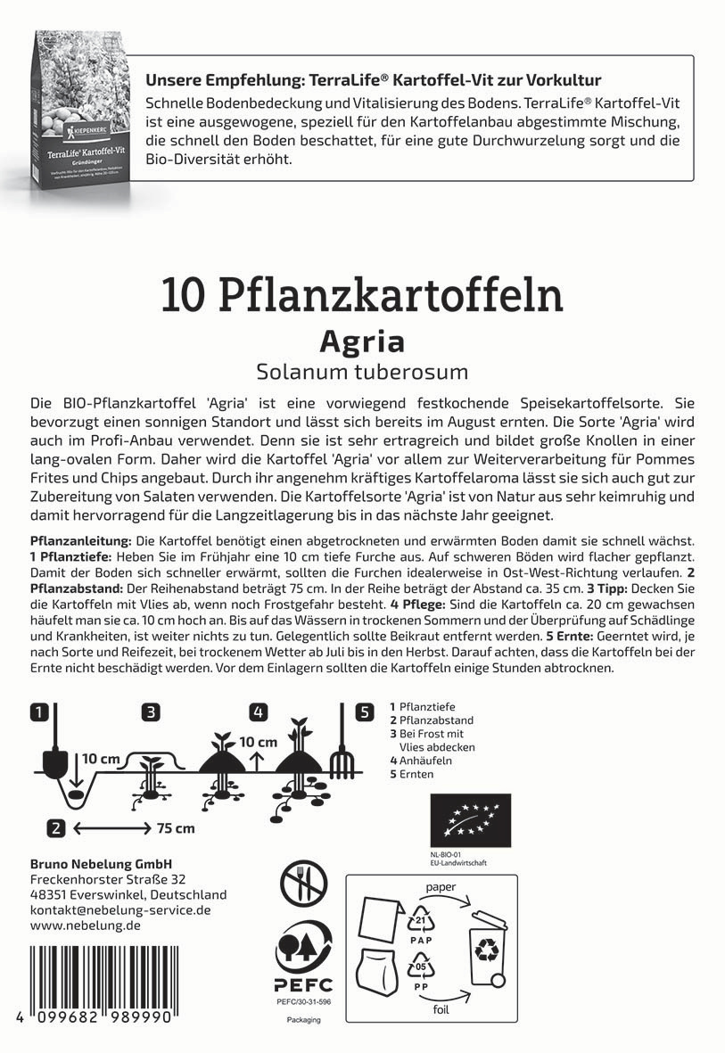 Packung mit 10 Pflanzkartoffeln Agria Solanum tuberosum mit Anleitungen und Symbolen für Pflanzung.
