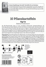 Packung mit 10 Pflanzkartoffeln Agria Solanum tuberosum mit Anleitungen und Symbolen für Pflanzung.