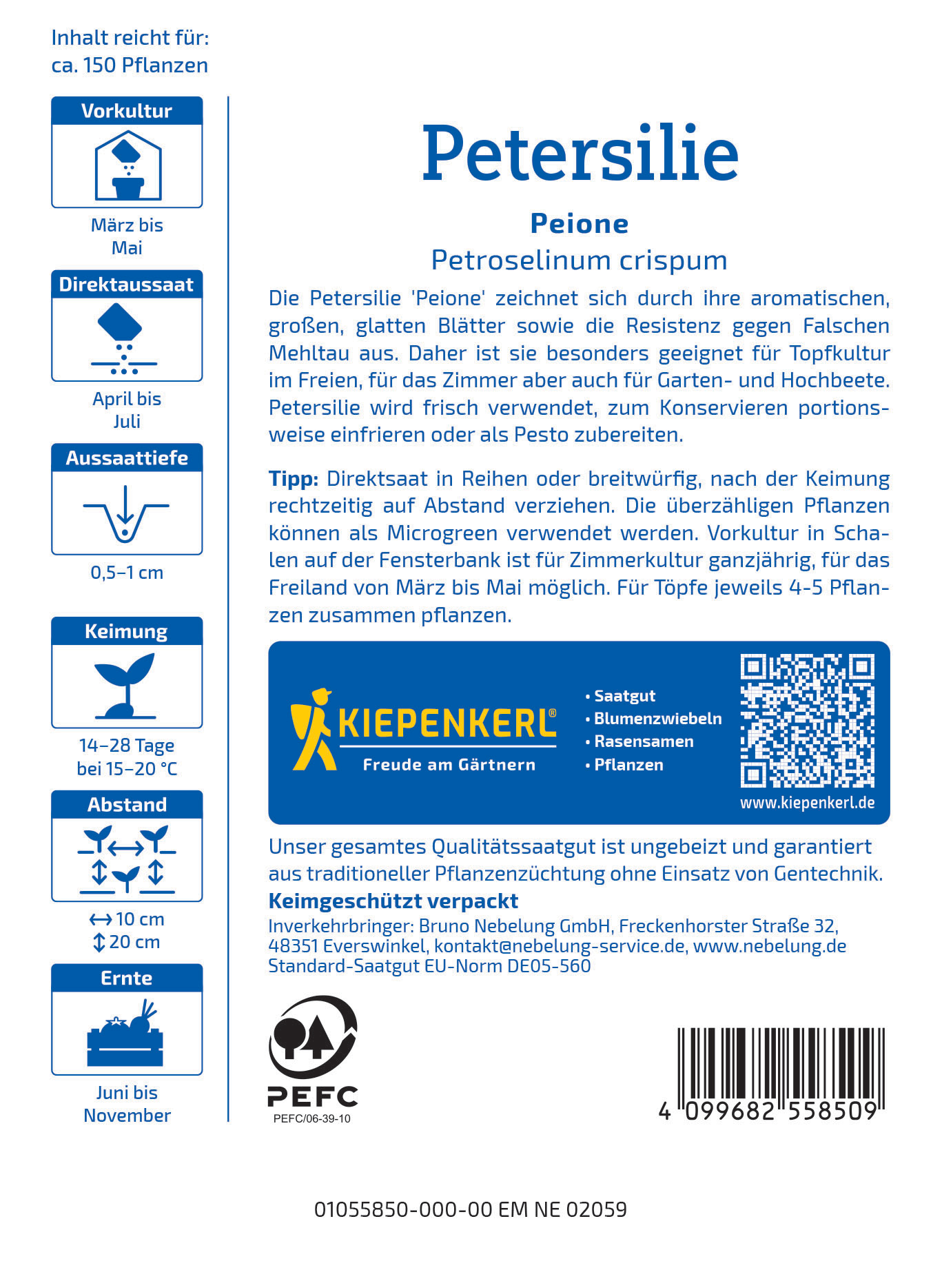 Petersilie 'Peione' mit großen, glatten Blättern, Infografik mit Anbau, Pflege, Verpackung, Logo und Barcode.