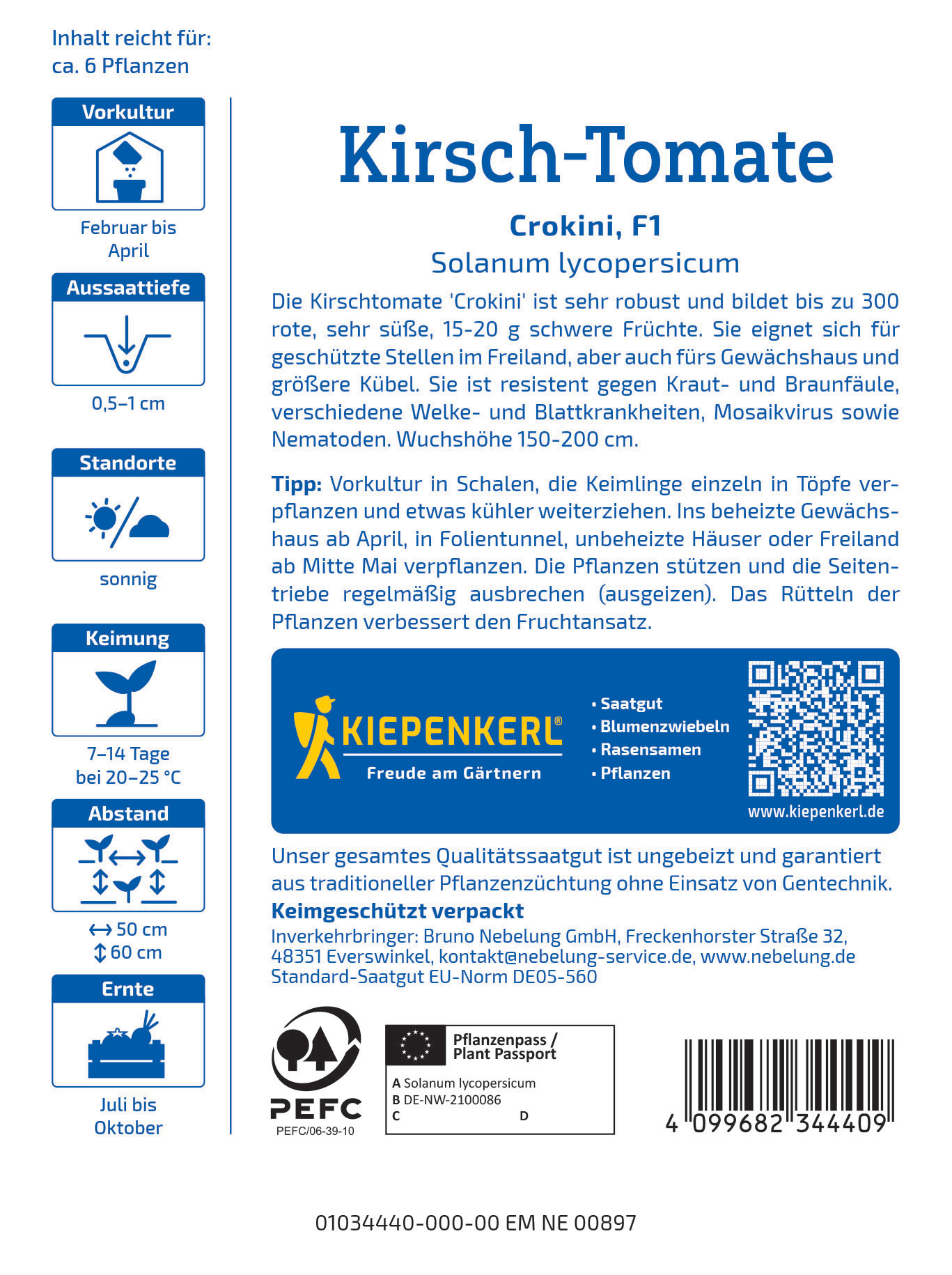 Anleitung, Informationen und QR-Code für Kirsch-Tomaten Saatgut, mit Pflanzhinweisen und Herstellerlogo.