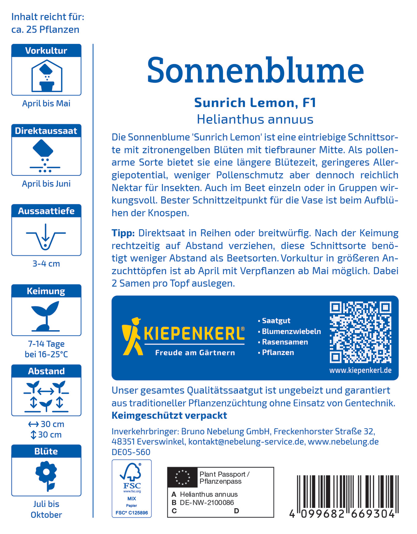 Pflanzenblatt mit blauen Schriftarten, QR-Code, Barcode und verschiedenen Pflanzinformationen