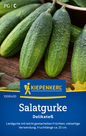 Grell geformte Salatgurken auf Holzunterlage, Verpackung mit Kiepenkerl Logo und Beschreibung.