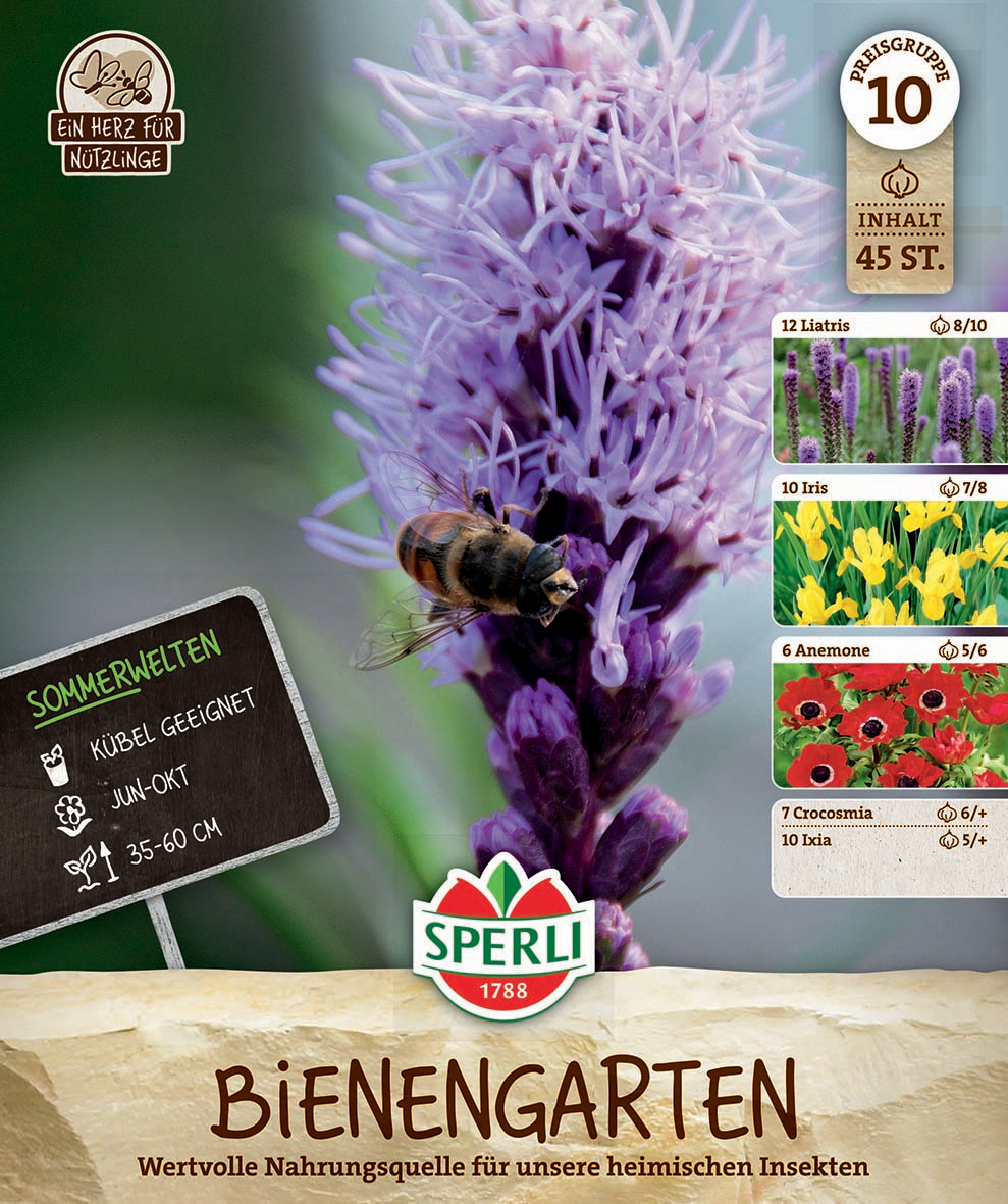 Biene auf violetter Blüte, grüner Hintergrund, SPERLI Logo, Sortenübersicht rechts, Hinweise auf Sommerwelten links.