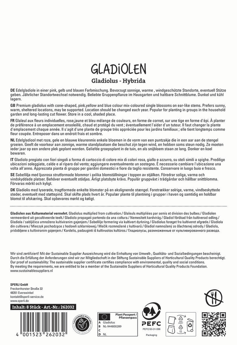 Text auf dem Bild über die Vielfalt, Pflege und Verträglichkeit der Gladiolen, inklusive Zertifizierungs- und Umweltzeichen.