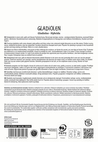 Text auf dem Bild über die Vielfalt, Pflege und Verträglichkeit der Gladiolen, inklusive Zertifizierungs- und Umweltzeichen.
