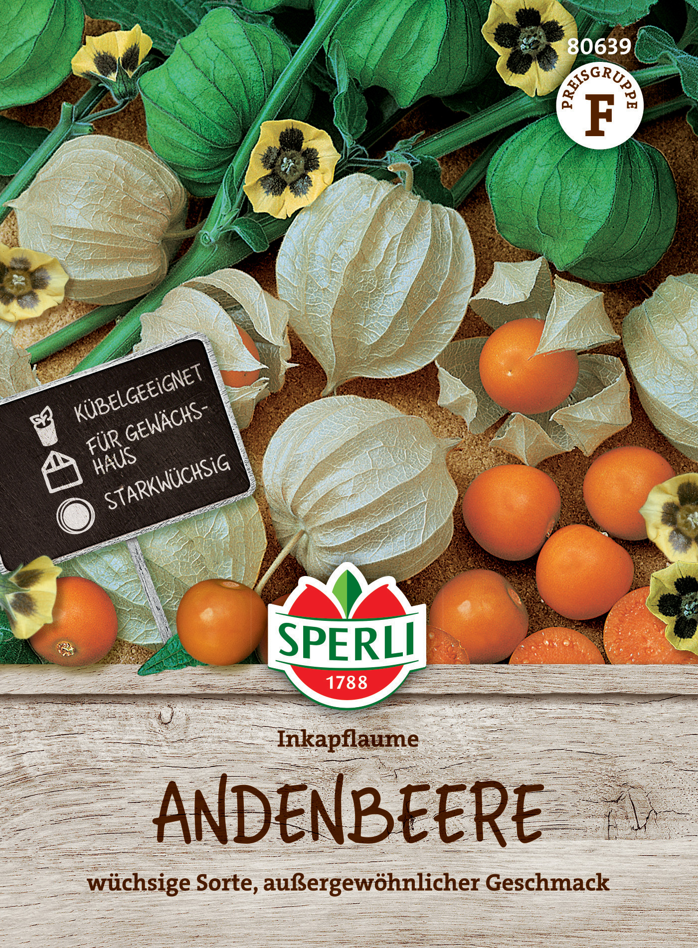 Packung mit Heidelbeeren, orangefarbene Früchte, grüne Blätter und Blüten, Holzoptik im unteren Bereich.