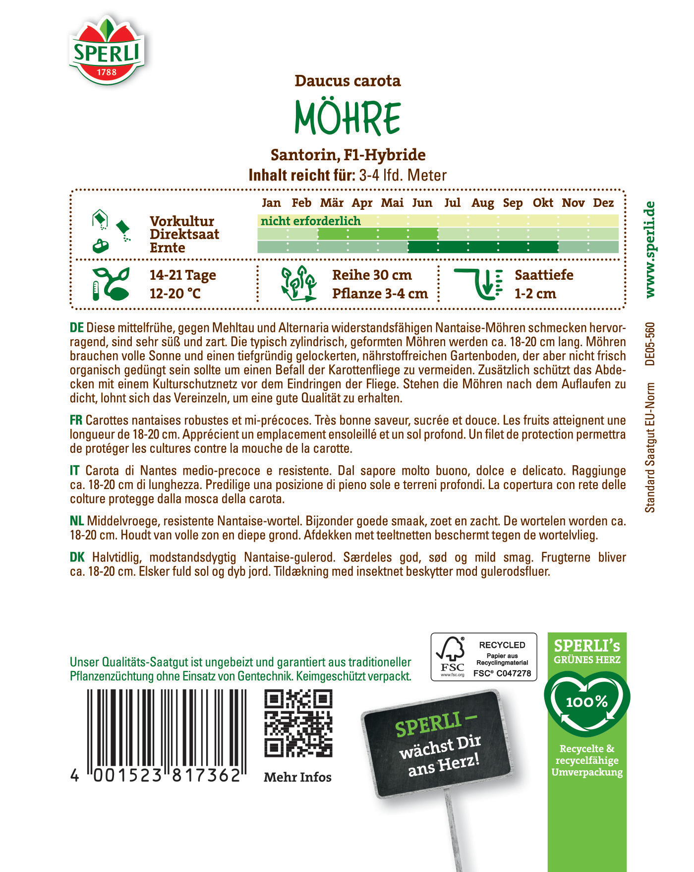 Möhre, Santorin Hybride, 3-4 cm, 12-20 °C, resistente, ergiebig, süß, wächst in Boden, Sonnenstandort.