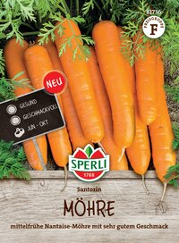 Karotten auf Holztisch, mit grünen Blättern, Schild mit "Neu" und Produktname "Möhre" im Fokus.