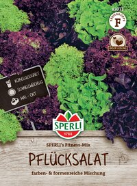 Verschiedene bunte Salatblätter auf einem Holzbrett, Markenlogo und Beschriftung.