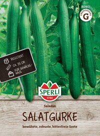 Salatgurke auf Zinessockel, grüne Gurken an Pflanze, Stern-Logo SPERLI, Hinweis auf robusten, bitterfreien Sorte.