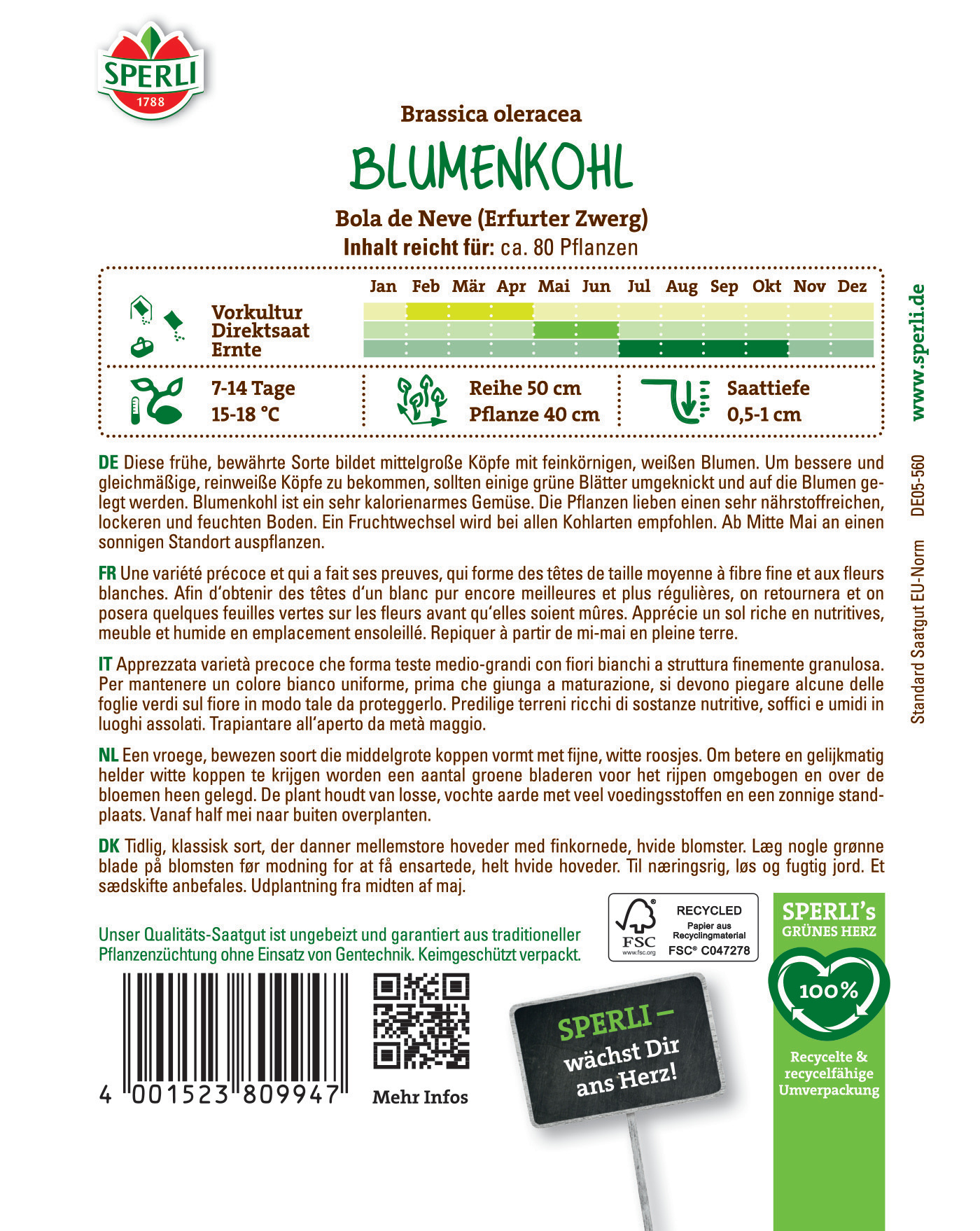 Blumenkohlkopf mit grünen Blättern, weiße Blüten, Pflanze auf einer Verpackung.
