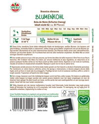 Blumenkohlkopf mit grünen Blättern, weiße Blüten, Pflanze auf einer Verpackung.