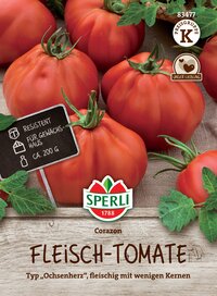 Reife Fleischtomaten in rot, mit grünen Stielen, auf einem Holzuntergrund.