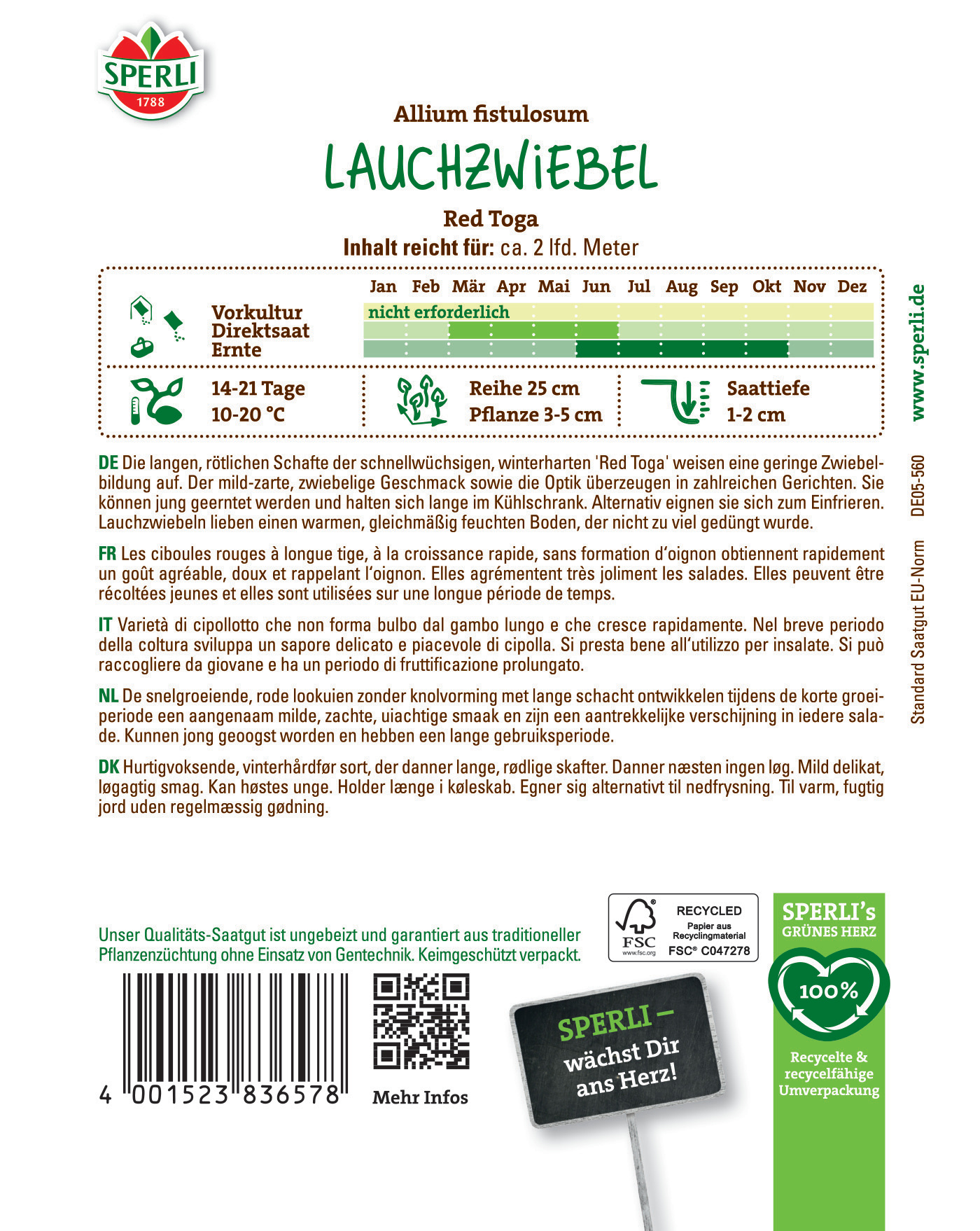Lauchzwiebel mit grünem Stiel, lange, rote Schale, kurzer Wuchs, auf dem Bild.