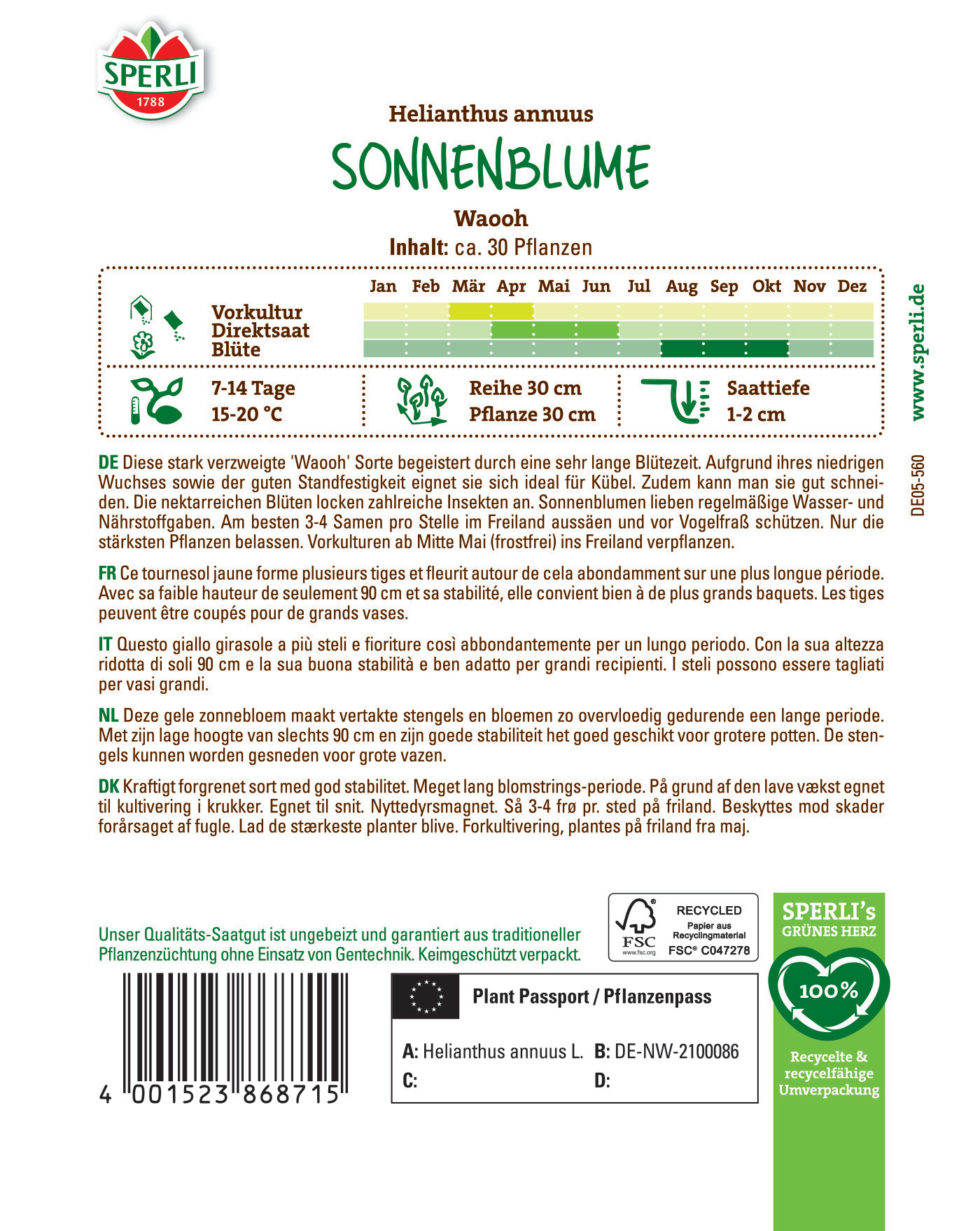 Sonnenblumen Packung mit etwa 30 Pflanzen, Blütezeit Mai bis Oktober, Höhe 90 cm, in Deutschland gezüchtet.