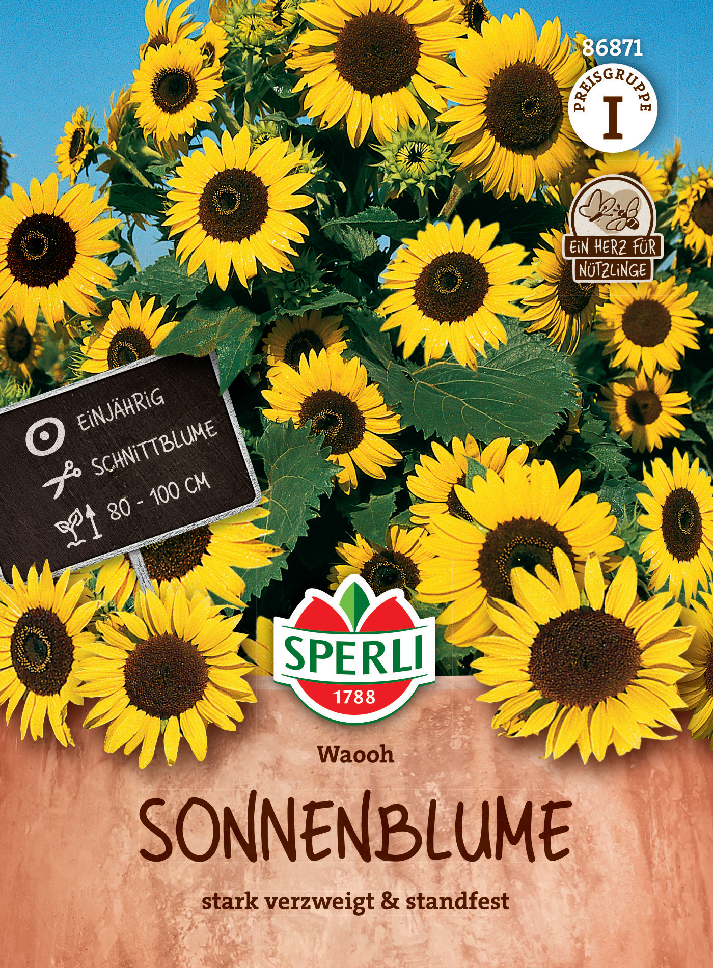 Sonnenblumen im blauen Himmel, große gelbe Blüten, grüne Blätter, Produktname "Sonnenblume".